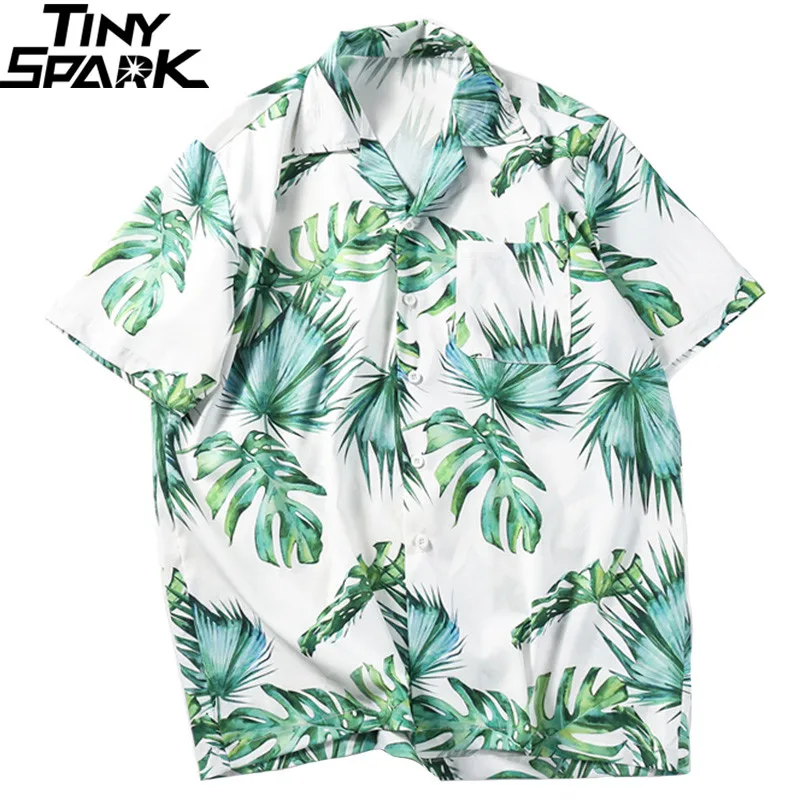 

2019 Hip Hop Shirts Streetwear Mens Hawaiian Shirt Green Leaf Harajuku Summer Beach Shirt Casual Shirt Tops Short Sleeve Loose