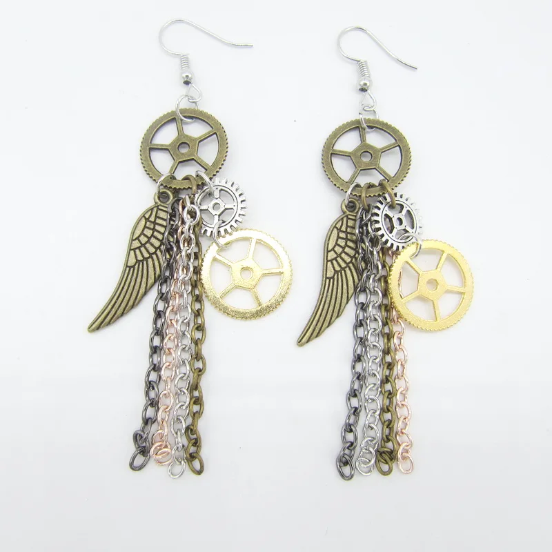 

Nice Design Gears with Wing and Chain Tessels Vintage Steampunk Charms Earrings for Women