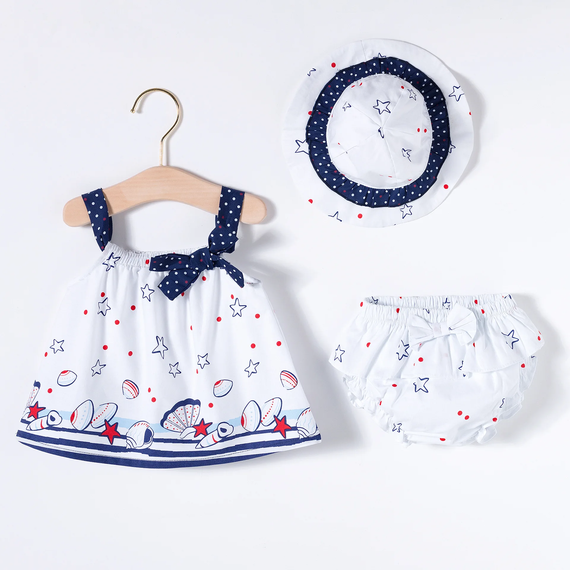 

New Born Baby Girl Clothes Set Summer Blue Cotton Cute Shell Printing Beach Sling Dress Shorts Fisherman Hat 3pcs Clothing Set