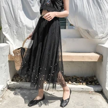 Летние новые винтажные женские юбки с бисером, длинные прозрачные сексуальные кружевные универсальные Женские однотонные юбки, модные юбки