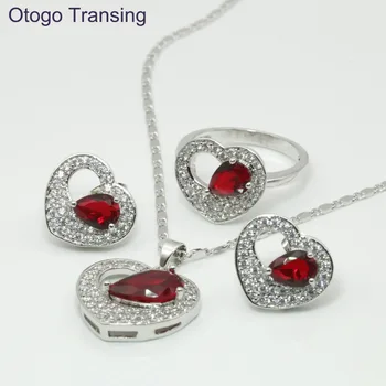 

Otogo Transing 925 Sterling Silver Color Red Crystal AAA Heart Ring Pendant Necklace Earrings Jewelry Sets For Women made S210