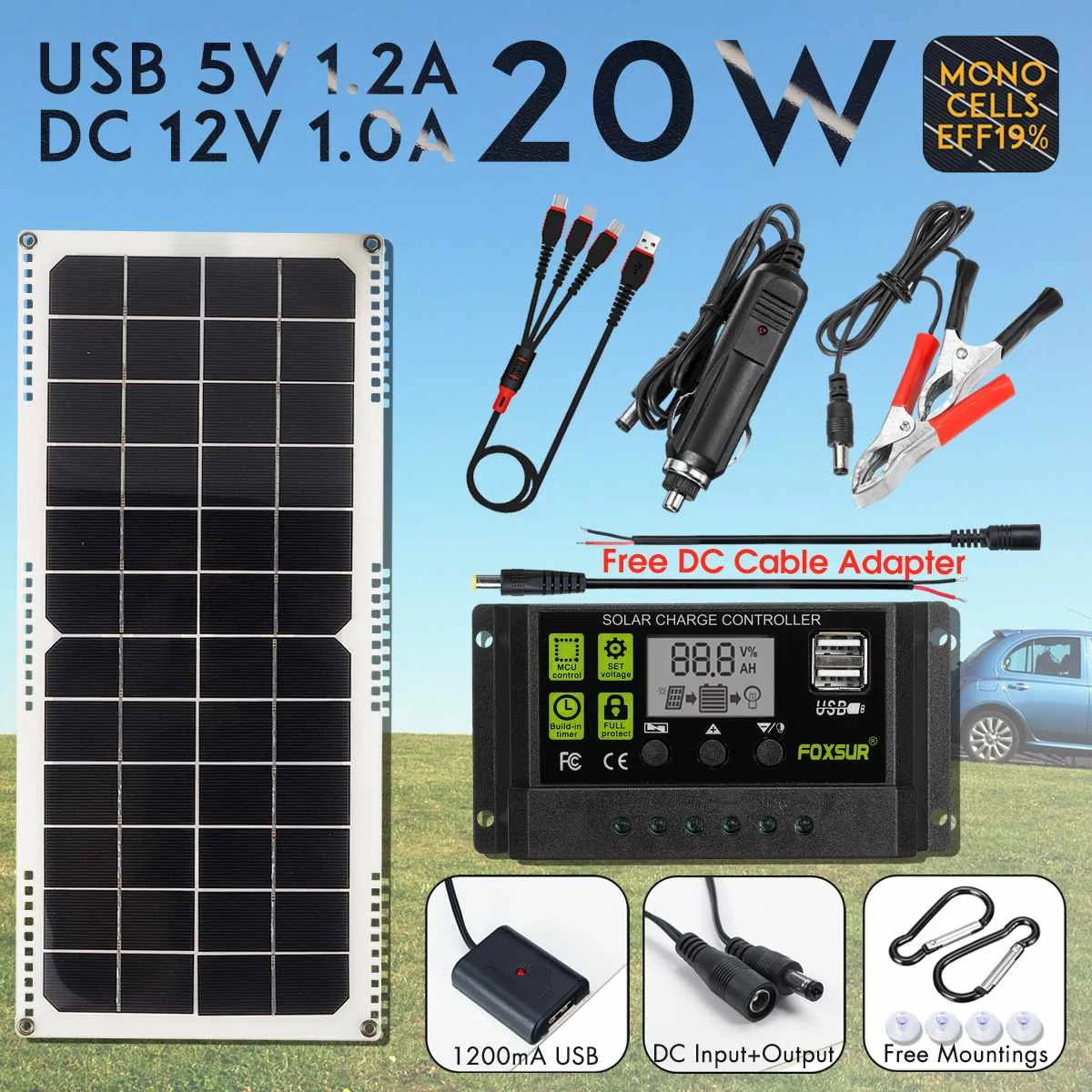 

Portable 20W 16V Solar Panel with Car Charger 10A USB Solar Charger Controller Solar Cell Board Crocodile Clips Car charger