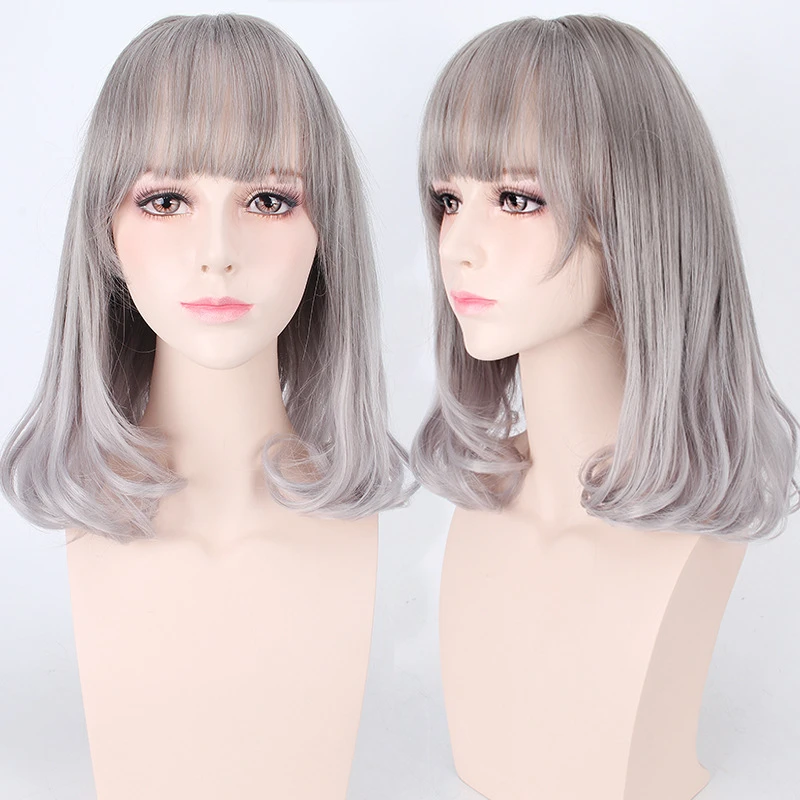 

New Arrival Heat Resistant Synthetic Anime Cosplay Gray Korean Hair Wigs Harajuku Lolita Wavy Curly Long Grey Wig For Halloween