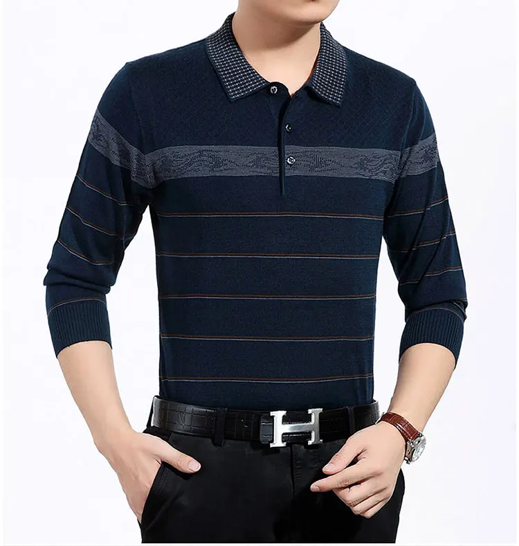 qiu dong наряд длинный рукав с отворотом Тонкий полосатый свитер модный мужской свитер с длинными рукавами рубашка