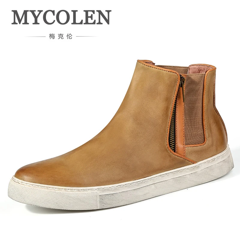 

MYCOLEN Genuine Leather Shoes Fashion Brand Men Short Boot For Man Slip-On Chelsea Boots Inside Warm Winter Man Winter Boots