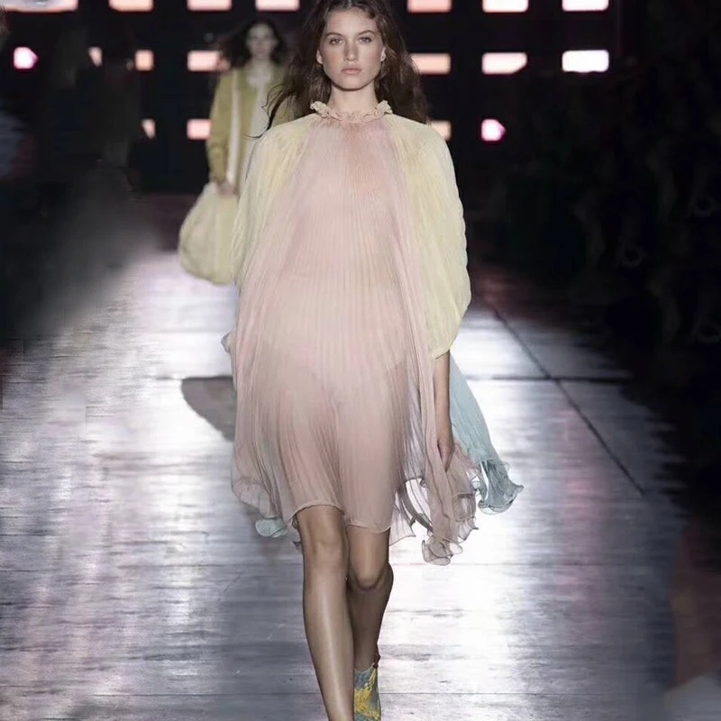 

2019 Runway Summer Hit Color Dresss Women Stand Collar Three Oversized Pleated Dresses Female Fashion Chiffon Beach Clothes