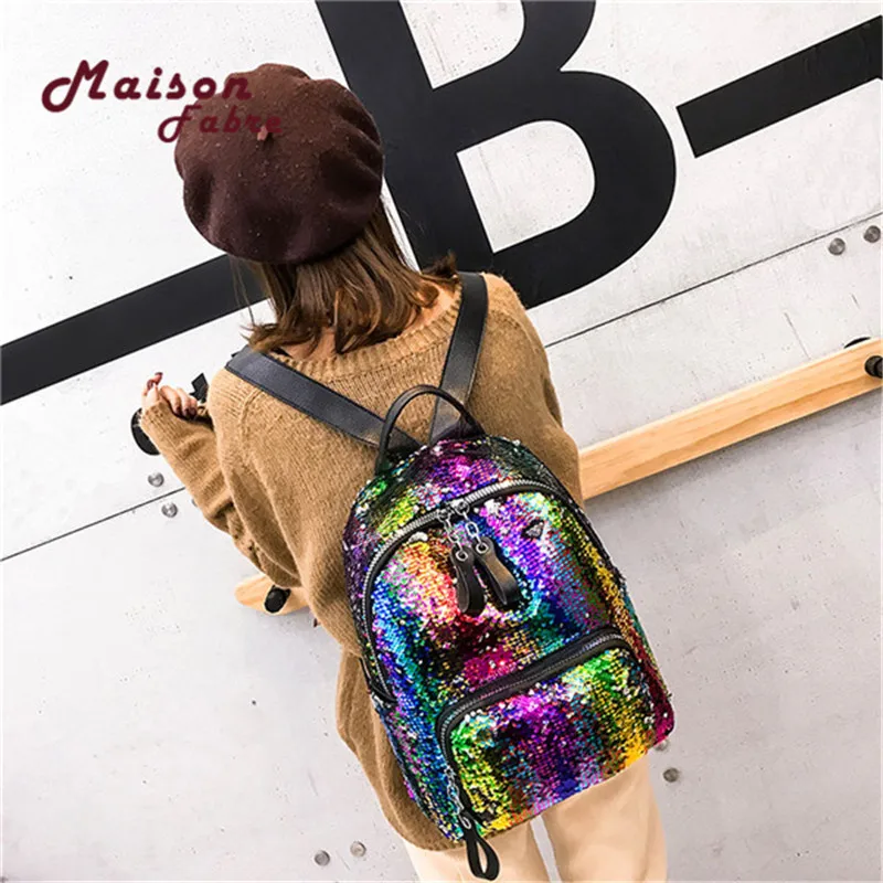 Maison Fabre Backpack Women Sequin Hit Color School Bag Backpack Student Satchel Travel Bag Backpack Mochila de dama