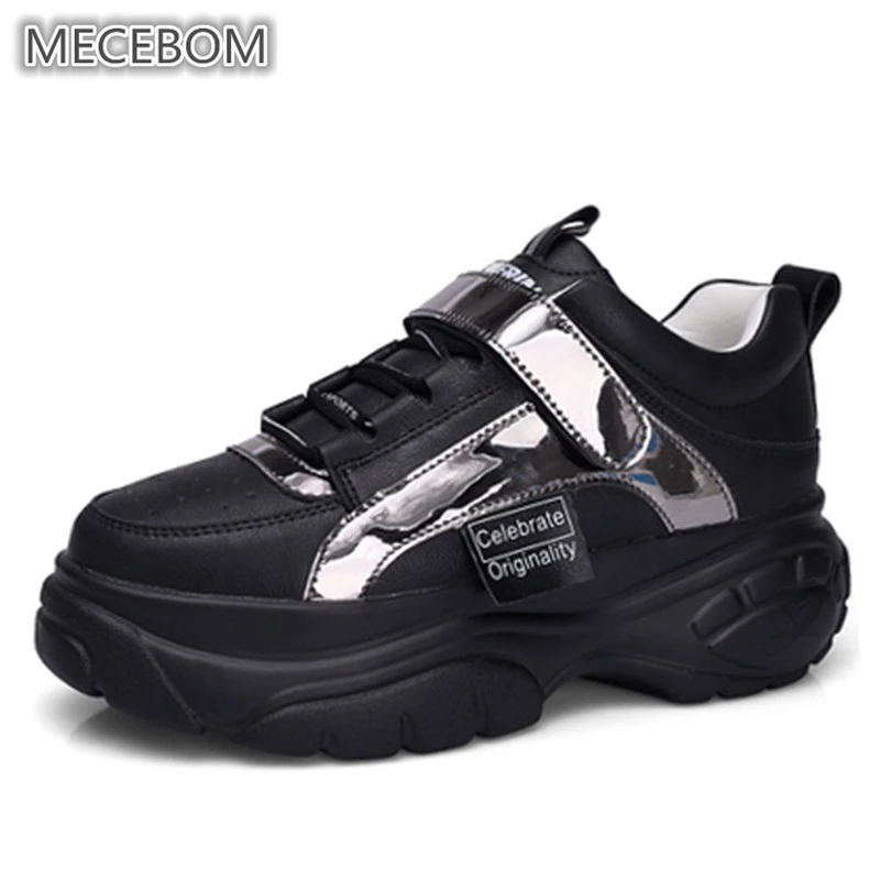 

Shoes Woman Bling Thick-soled Lace-up Platform Shoes Female Sneaker White Black Leather Laser Sneakers Chunky Ladies Shoes L1903