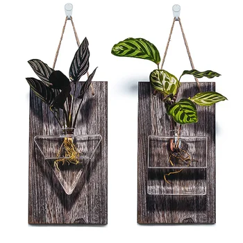 

Simple Wall Hanging Wooden Glass Vase Creative Hydroponics Plant Vase Home Office Wall Decoration