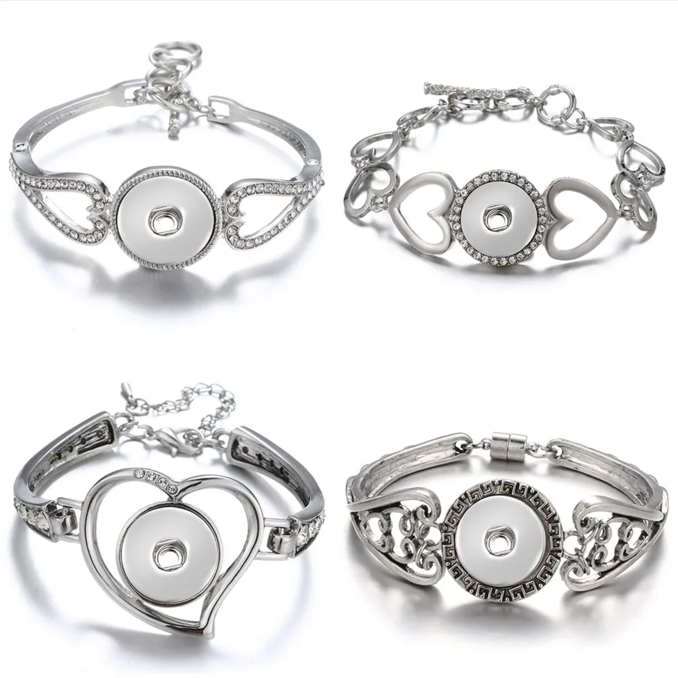 

New Fashion silver hollow Rhinestone hearts snap Bracelet bangle 22CM fit 18MM snap button jewelry wholesale SG0164