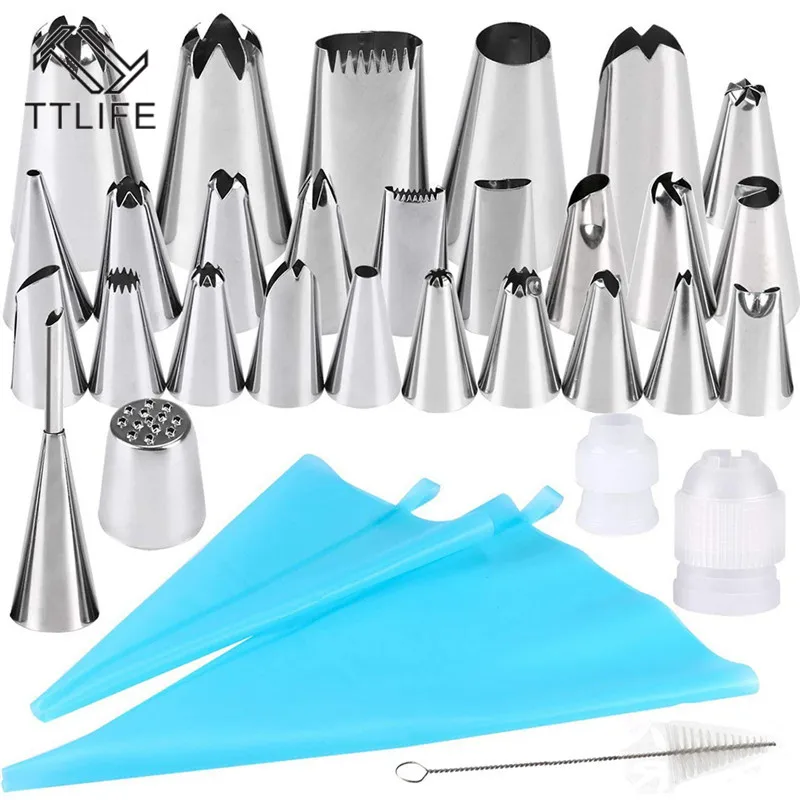 

TTLIFE 32PC/Set DIY Kitchen Baking Cake Decorating Tool Silicone Icing Piping Cream Pastry Bag Stainless Steel Nozzle Converter