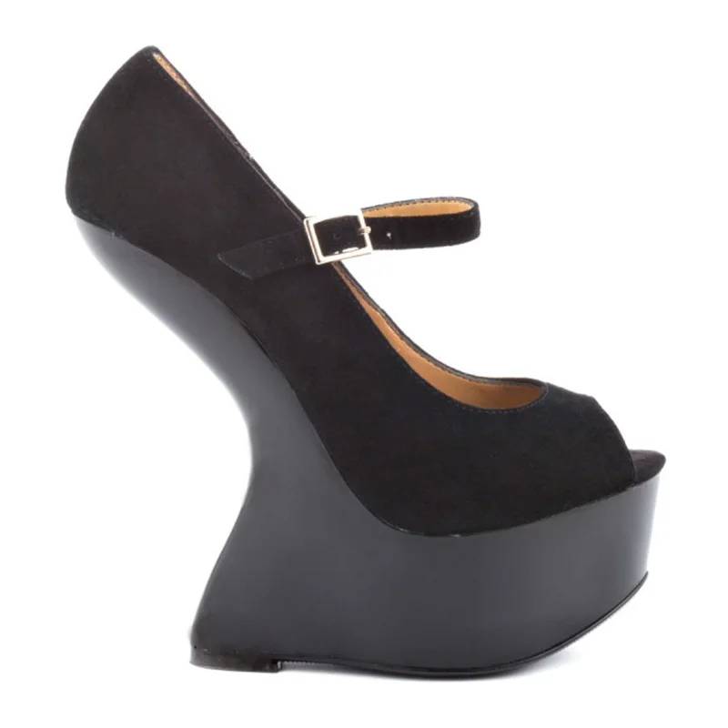 Необычный стиль; черные туфли mary jane на танкетке; женские туфли-лодочки на очень высоком каблуке; женская обувь под платье; Новые вечерние туфли с открытым носком; размеры 15-16