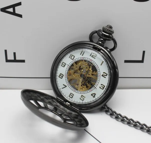 Винтаж Черный Механические карманные часы Для мужчин с белой муки стимпанк подарок подвеска карманные часы