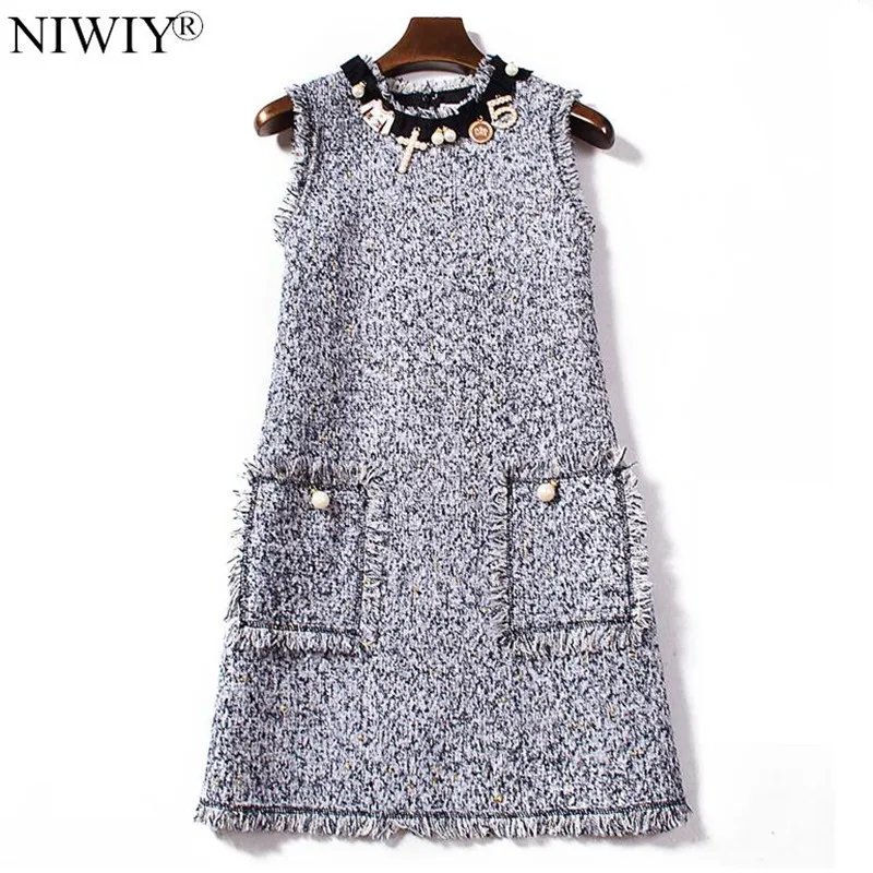 

High-end NIWIY Brand Dress Women Loose Diamonds Dress 2019 Vestidos De Festa Tweed Vest Pink Beading Office Women Dress N8089