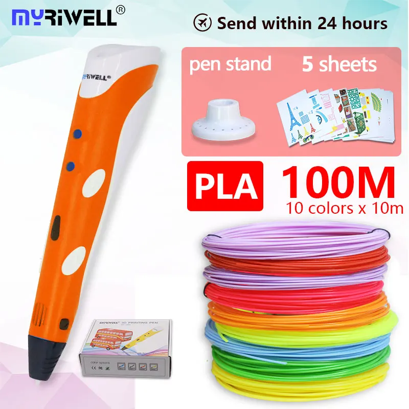 Myriwell 3d Ручка 3d+ 100 м pla нити 3d печатных ручка 3 d Ручка 3d ручки для детей искусство рисования инструменты лучший подарок для детей - Цвет: orange PLA 10color