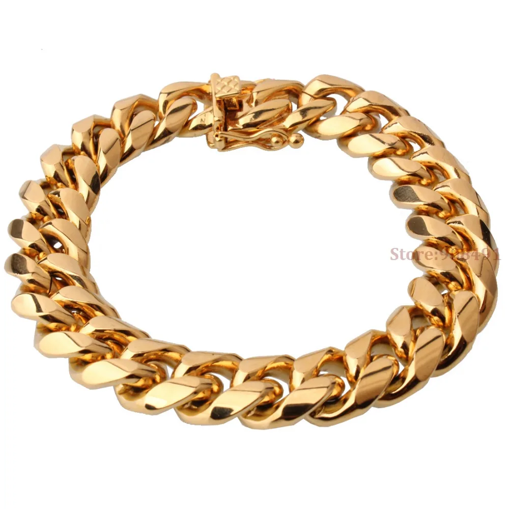 

New Arrive Mens Boys Hot Selling Jewelry Gold Tone Stainless Steel Curb Link Chain Bracelet 15mm