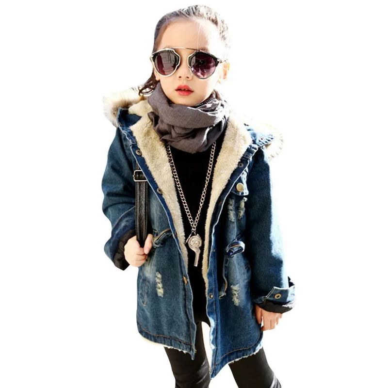 

Drop shipping CYSINCOS Children Kids Girl Denim Jacket Large Fur Collar Cotton Denim Outerwear Autumn Winter Thick Velvet Jacket