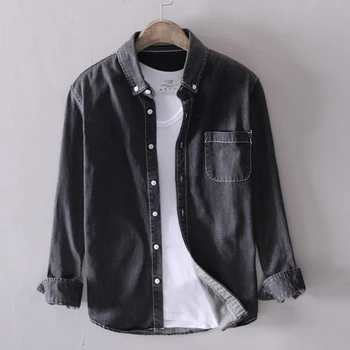

Fashion Streetwear Men Shirts Long Sleeve Lapel 100% Cotton Solid Color Denim Shirts Men Vintage All Match Casual Shirts Dress