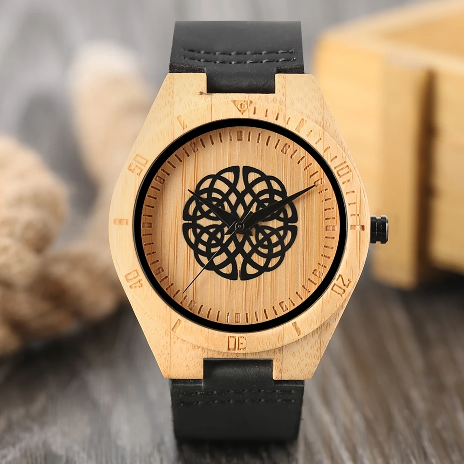 Men's Bamboo Wood Watch Casual Black Flower Spheres Design Dial Wooden Quartz Wristwatch Genuine Leather Sports Clock Gifts 2018 Women Dress Watches (7)