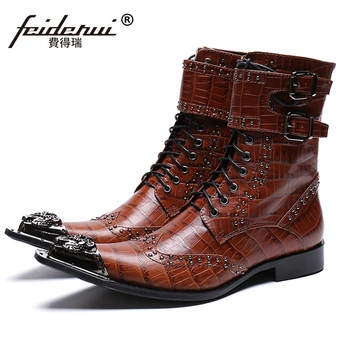 

Fashion Handmade Man Studded Belt Footwear Pointed Toe High-Top Motorcycle Shoes Genuine Leather Men's Rivets Long Boots SL419