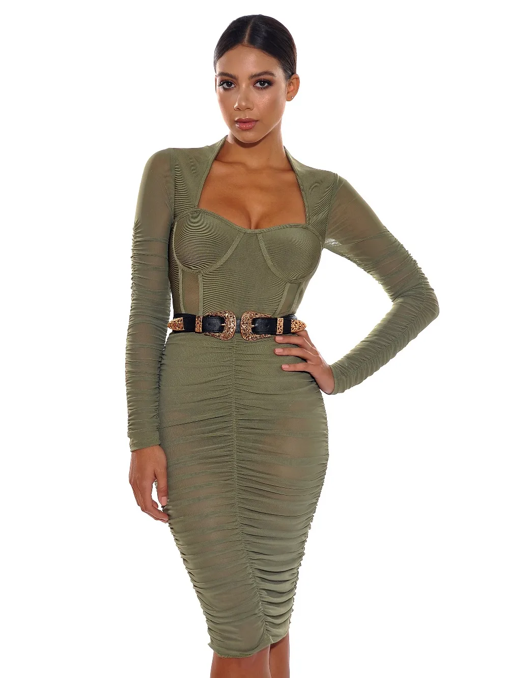 Army Green and Black Color Ladies HL Bandage Dress Long Sleeve Square