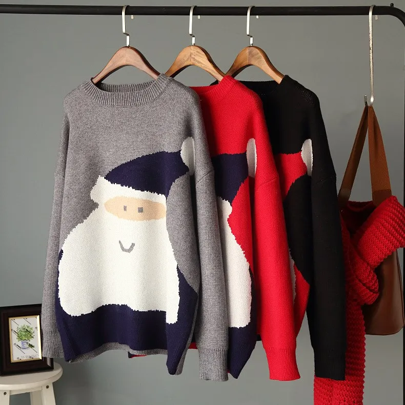 

2019 New Women Cartoon Santa Claus Sweater O-Neck Winter Warm Fashion Christmas Loose Knitted Pullovers Tops