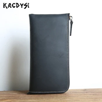 

100% Genuine Crazy Horse Leather Retro Mens Wallet Zipper Long Clutch Wallets Cowhide Purse Coin Bag ID Credit Card Case For Men
