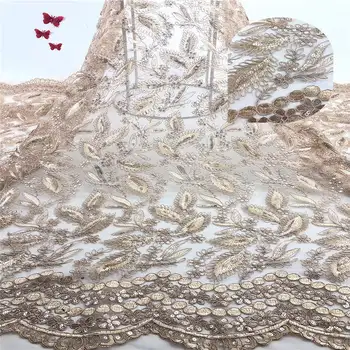 

Golden African lace fabric sequins and beads French lace fabric 2019 high quality sequins lace Nigerian women JX310-2