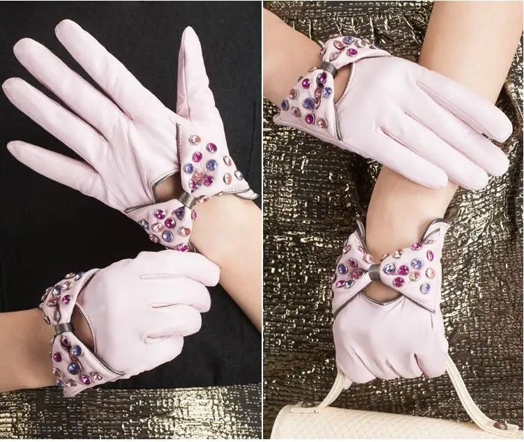 Высококачественные цветные женские кожаные перчатки с бриллиантами, короткие перчатки, модные теплые импортные перчатки из овчины Guantes Mujer