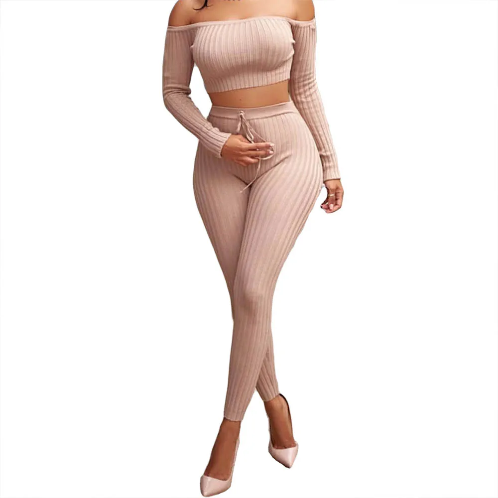 

Two 2 Pieces Beige Long SLeeve Bandage Jumpsuit Sexy Solid Lace Up Off The Shoulder Elegant Celebrity Causal Jumpsuits