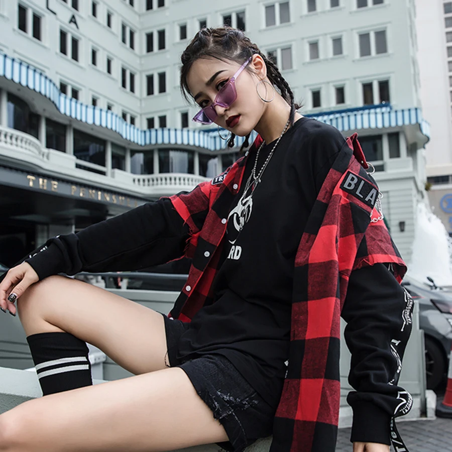 Мужская клетчатая рубашка черная и красная в стиле хип хоп|shirt korean|patchwork shirt menfashion