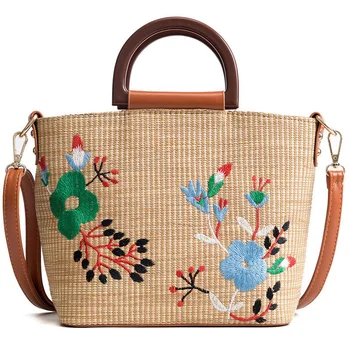 

New Straw Bag Female Shoulder Versatile Handbag Embroidery Woven Bucket Bag