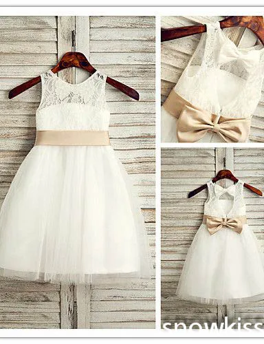 

A-line Tea-length Flower Girl Dress Lace / Tulle Sleeveless Jewel with champagne sash open back with bow for wedding