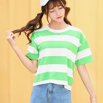 

New Fashion Women Width Striped Candy Color T Shirt Short Sleeve O Neck Women Tops Harajuku Summer Casual Loose Tshirt
