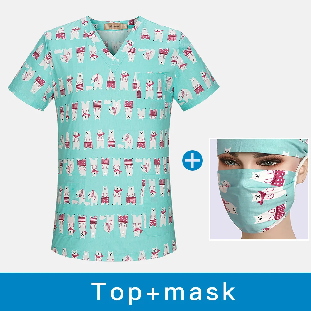 Breathable Scrub clothes V-Neck Hospital Nurse Scrub Tops Women cartoon Printing Surgical Medical Uniforms for Women wholesale