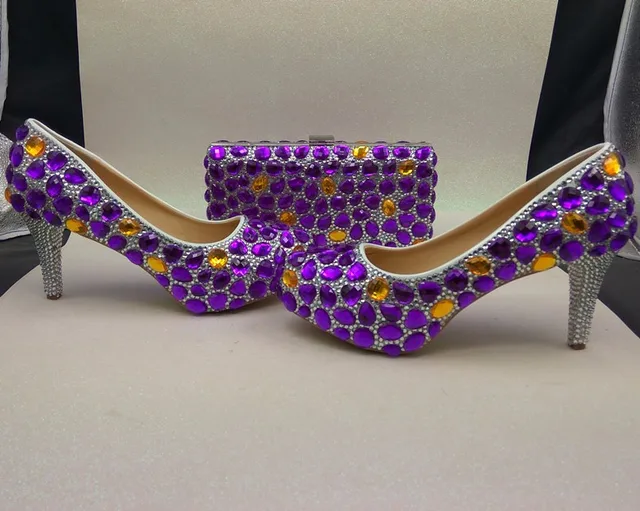 Purple Gold Rhinestone wedding shoes woman Diamonds Party shoes round