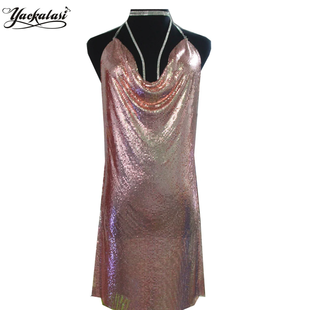 

YACKALASI Party Dress Rose Gold Women Sexy Club Clothes Champagne Gold Metal Mesh 2017 Spaghetti Strap Vestidos