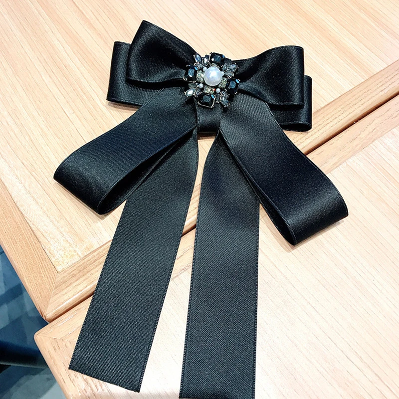 Корейский Черный квадратный горный хрусталь жемчужные броши для Женская лента лук Большая Булавка для воротника брошь цветок галстук-бабочка одежда аксессуары