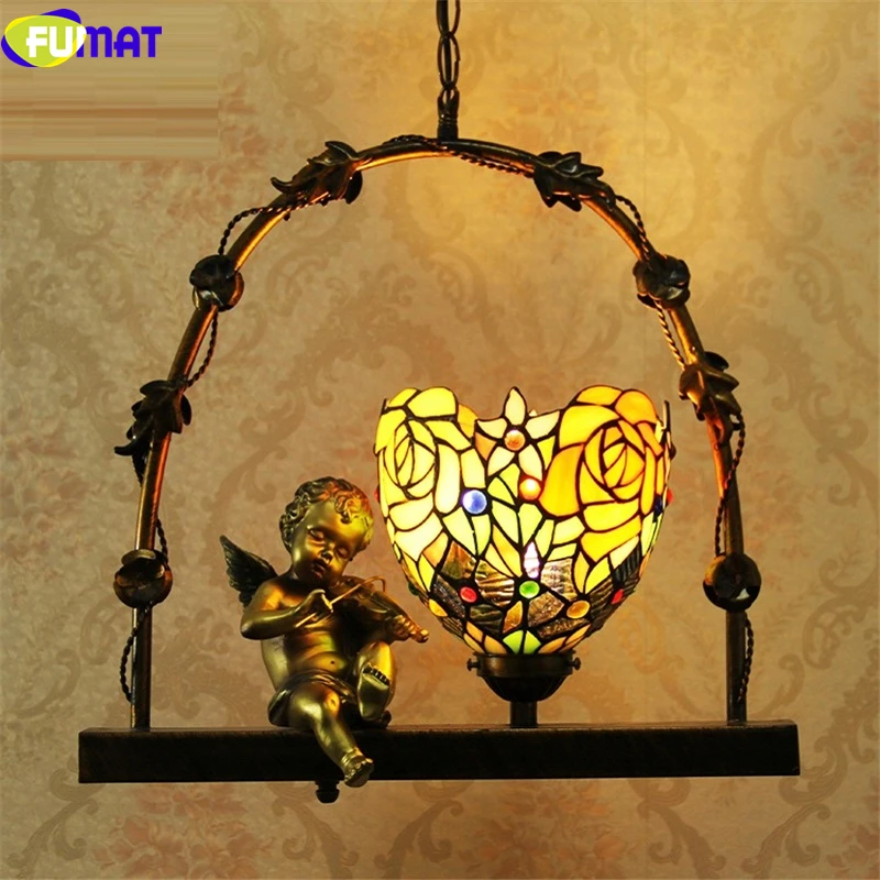 8002 FUMAT Stained Glass Tiffany Pendant Lamp Angel Timbo Swing Butterfly Jewelry Rose Shape Lamp European LED Light