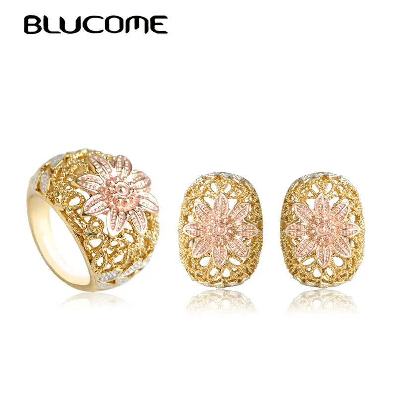 

Blucome Square Flower Shape Big Size Ring Stud Earrings Set Three Tones Jewelry Large Rings For Women Party Wedding Accessories