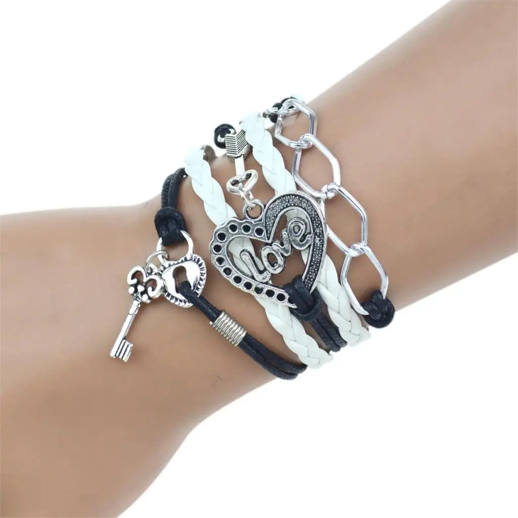 

2017 New Arrival Silver Color Love Heart Key Leather Bracelets & Bangles Fashion Vintage Bracelet for Women Man Jewelry 4 Colors
