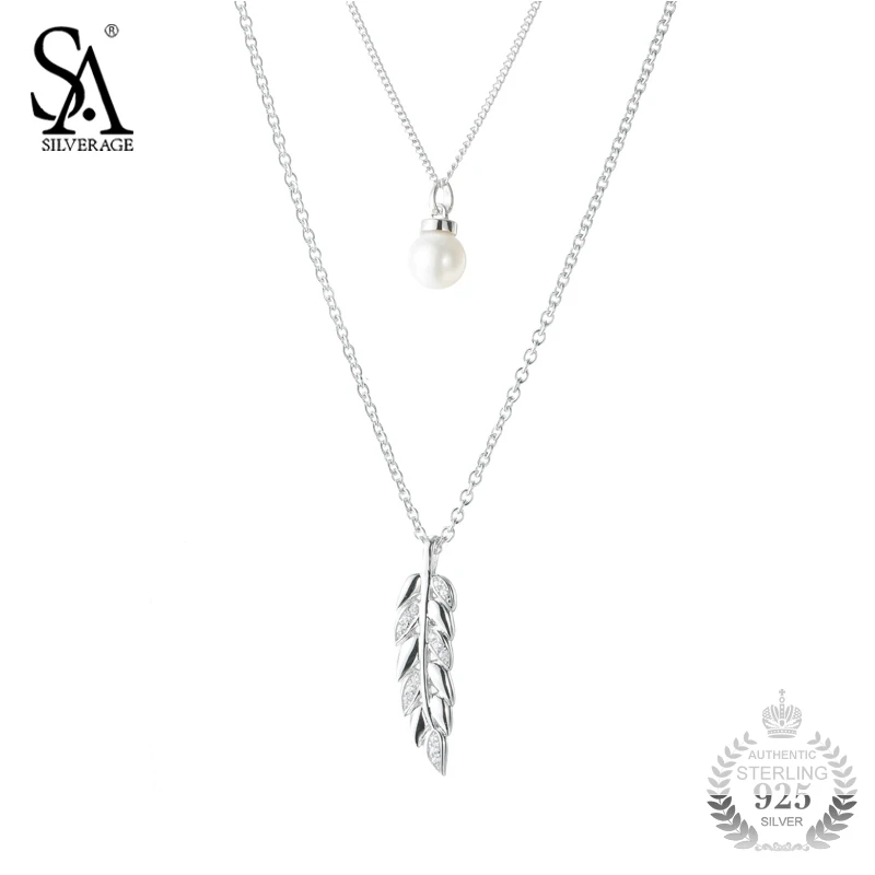 

SA SILVERAGE Silver Pendant Necklace Pearl Wheat Leaf with Pearl 925 Silver Chain Two Layer Sweater Necklace Women Fine Jewelry