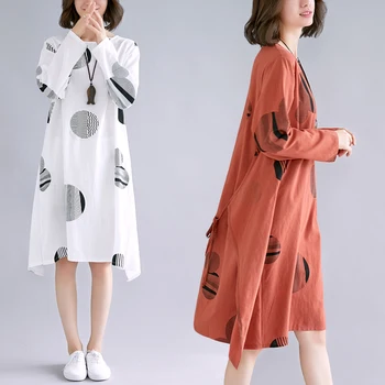 

Plus Size Autumn and Winter Traditional Long Sleeves Cotton and Linen Woman National Wind Costume Loose Fashion Printing Dress