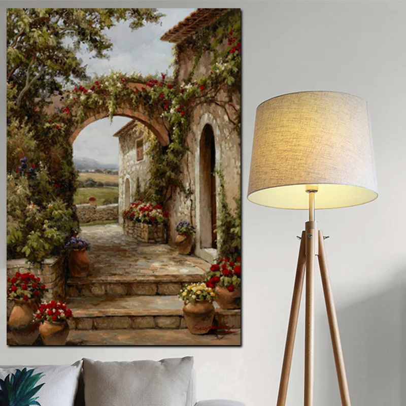 Abstract Pastoral House Flowers Door Landscape Oil Painting HD Print on Canvas Garden Poster Wall Art Picture for Livinng Room (2)