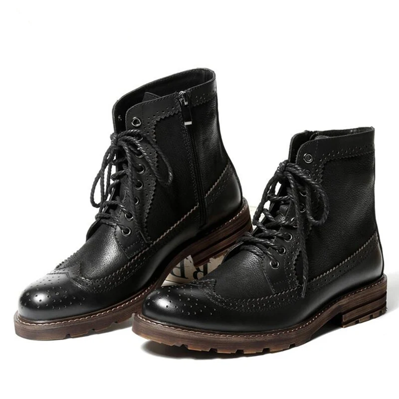 US6-10 мужские ботинки с перфорацией типа «броги» в британском стиле из натуральной кожи на шнуровке; повседневные зимние ботинки на меху с перфорацией