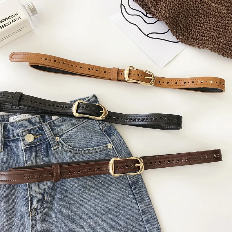 

Fashion Carved Strap Fine Embossed For Women's Thin Cowhide Belt 110cm*2.3cm Girl's Casual Jeans PU Cowskin Belts khaki Brown