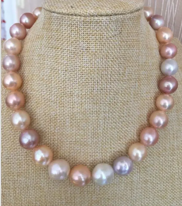 

gorgeous 11-12mm freshwater round multicolor pearl necklace 18inch 925silver