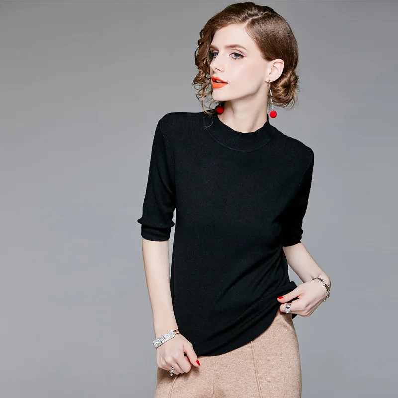 Solid half sleeve elastic knit slim sweater shirts 2018 new stand neck women autumn basic sweater
