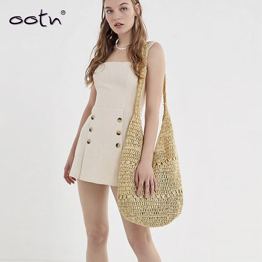 

OOTN Sexy Linen Backless Double Breasted Rompers Womens Jumpsuit Spaghetti Strap Zipper Romper Women Streetwear za 2019 Summer
