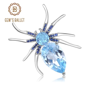 GEM'S BALLET 5.9Ct Natural Sky Blue Topaz Spider Fine Jewelry 925 Sterling Sliver Brooches For Women Dresses Brooch Vintage